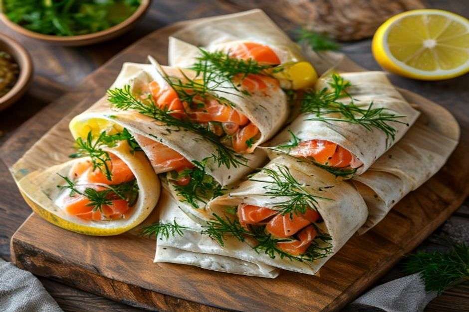 Wraps apéritifs salade, saumon et œufs de saumon : l’élégance express pour l’apéro
