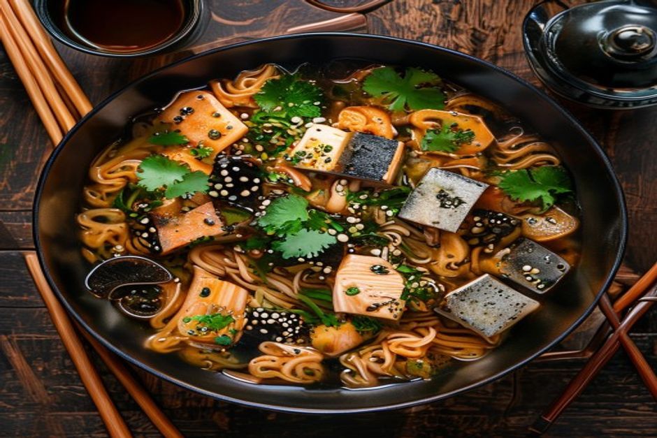 pave de saumon aux nouilles et aux champignons noirs