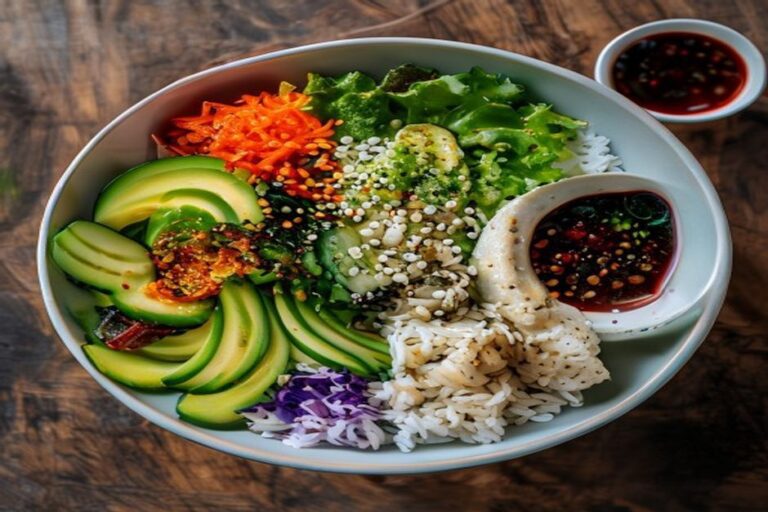 Bibimbap : Riz au poisson, légumes croquants et sauce gochujang