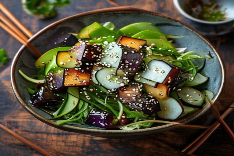 Salade de Wakamé, Concombre, Racine de Lotus Confite et Aubergines Aigres-Douces