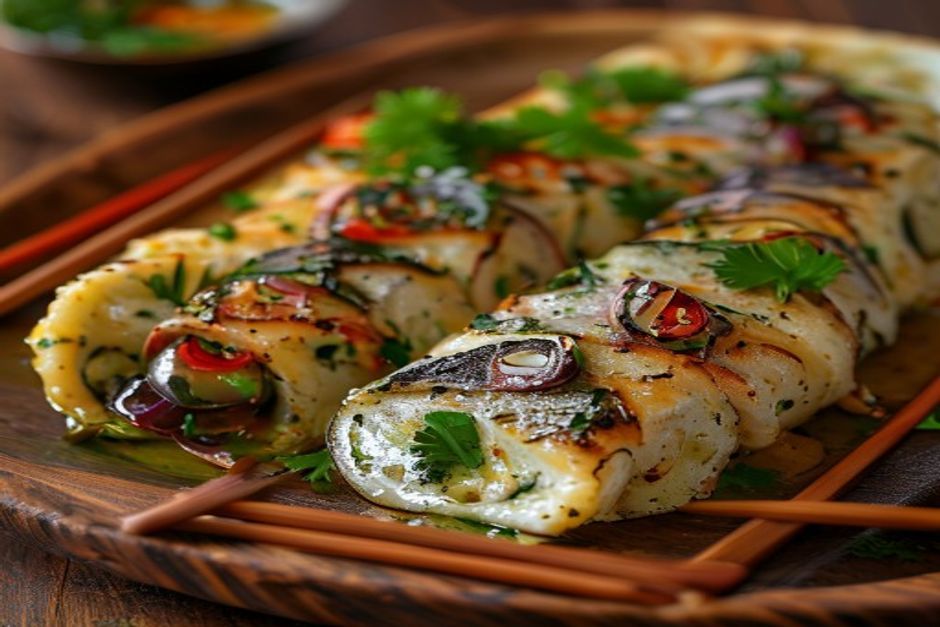 Omelette roulée aux herbes, oignons et poivron : une recette japonaise élégante