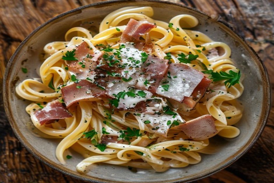 Bucatini alla carbonara con guanciale, lardo e pancetta