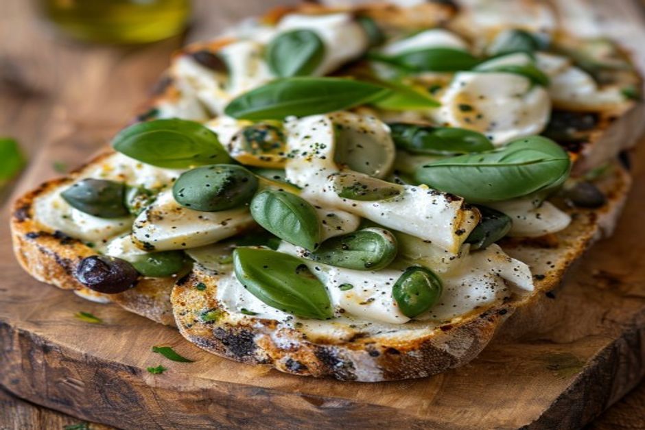 Bruschetta aux fèves, au pesto et au pecorino pepato 