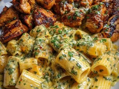 Rigatoni au Poulet Doré, Ail Confit et Parmesan : Un Plaisir Crémeux et Réconfortant