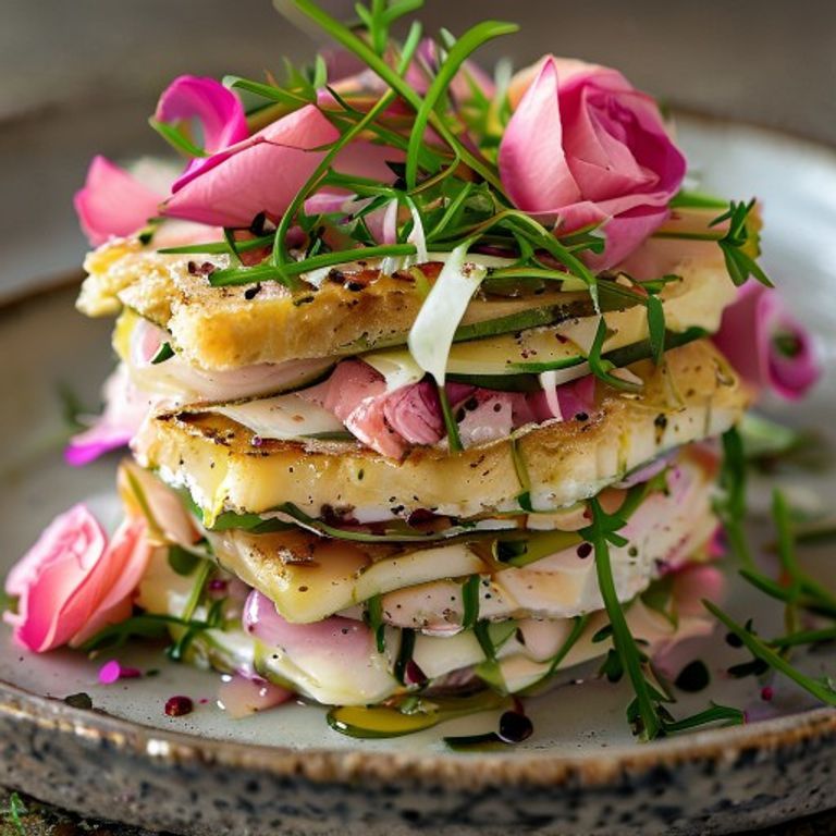 Mille feuilles salé de concombre, thon et brocciu corse aux fines herbes et piment d'Espelette