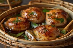 Photo de boulettes de porc et crevettes grises vapeur