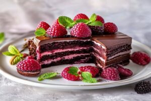 Photo de charlotte au chocolat et framboises