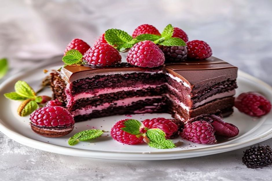 Photo de charlotte au chocolat et framboises