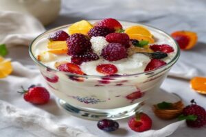 Photo de crème de semoule aux fruits confits et son coulis de fruits rouges