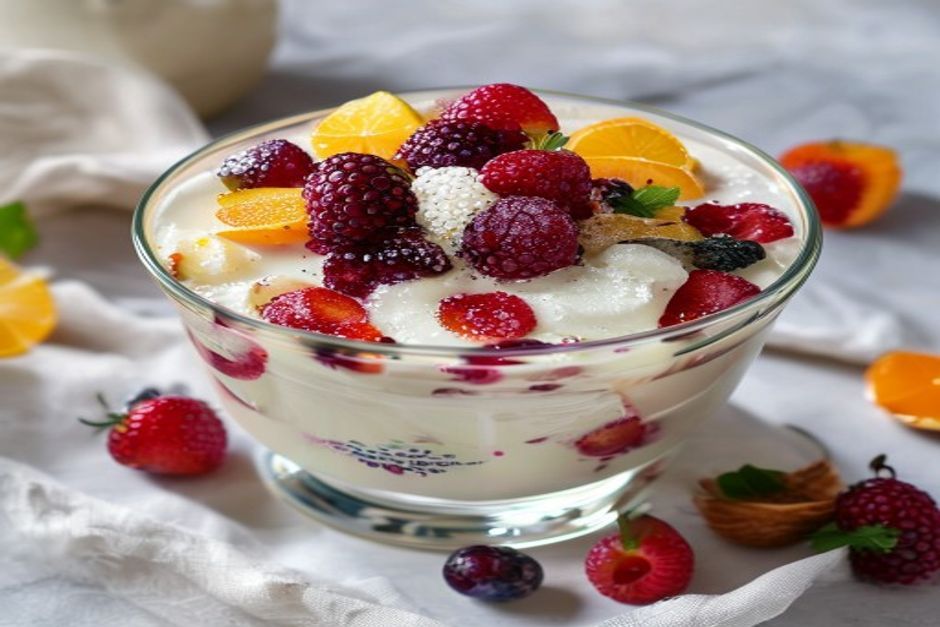 Photo de crème de semoule aux fruits confits et son coulis de fruits rouges