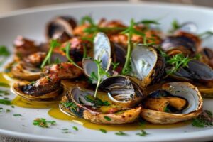Moules en croûte de chorizo artichaut à la tanaisie et vinaigre de cidre