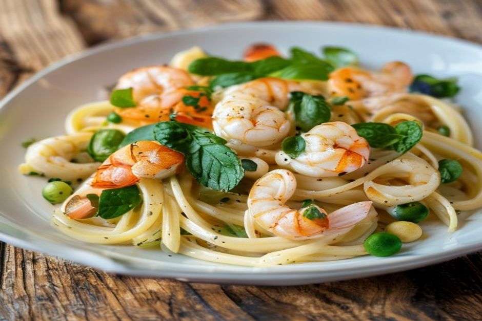 pâtes aux crevettes et à la menthe