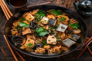 pavé de saumon aux nouilles et aux champignons noirs