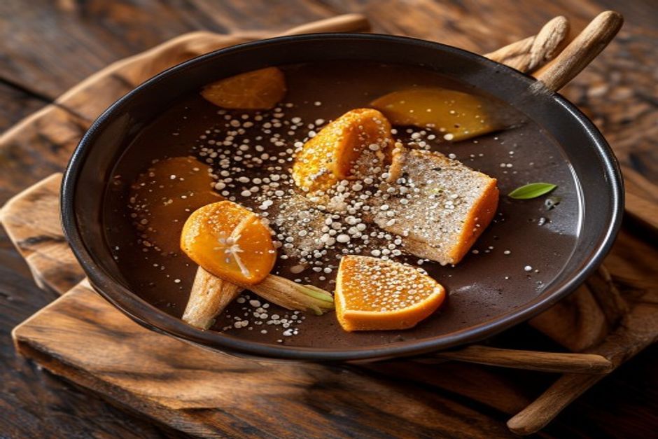 Photo de Soupe au chocolat et à la crème de kumquats mouillettes de pain d'épices