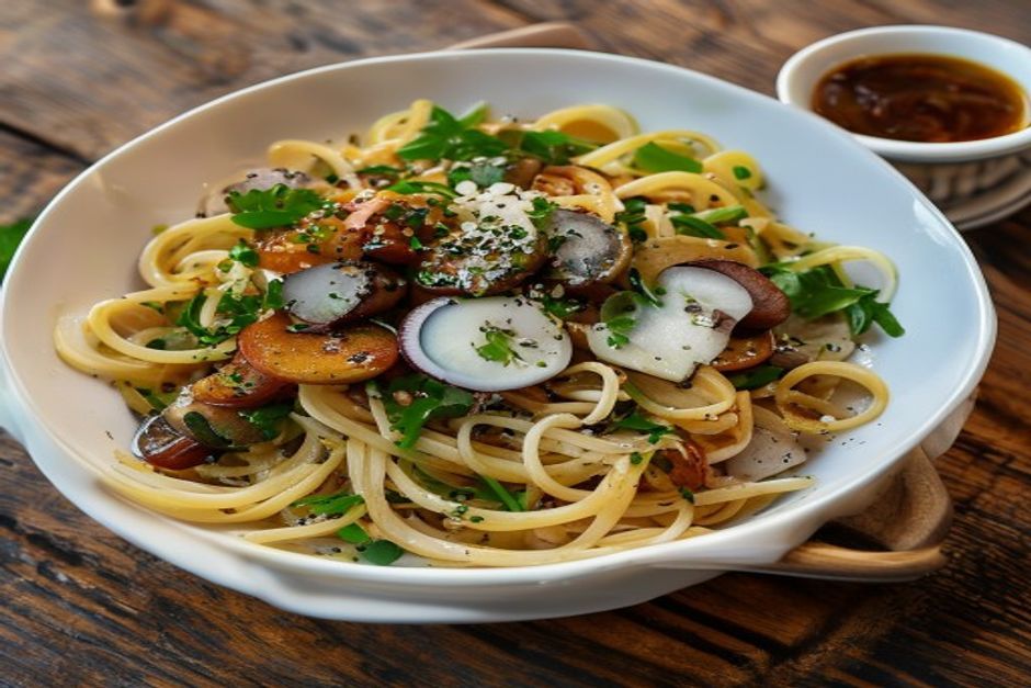 Photo de vermicelles de riz curry aux pousses de soja et pois mange-tout