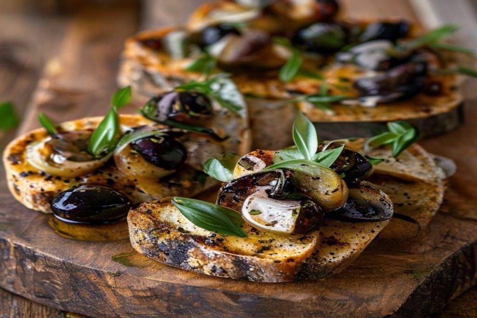 Bruschetta à l'ail, à l'huile d'olive et aux olives