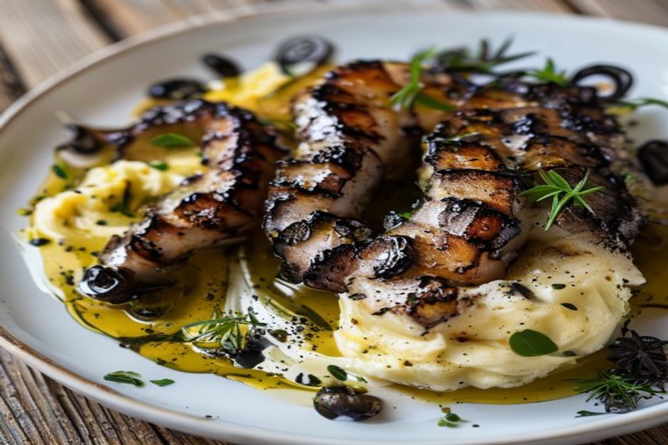 Calamars grillés purée à l'encre de seiche