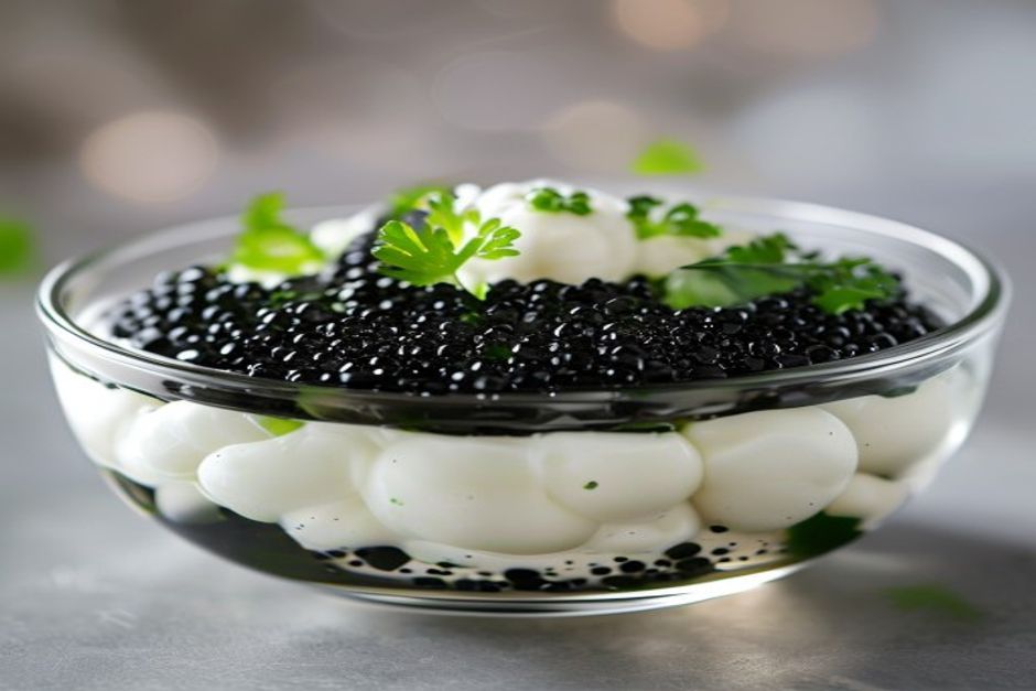 Caviar en gelée, crème de chou-fleur