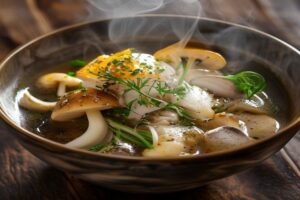 Consommé aux pleurotes, poireau et gingembre