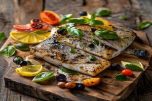 Turbot grillé pommes de terre citron olives noires