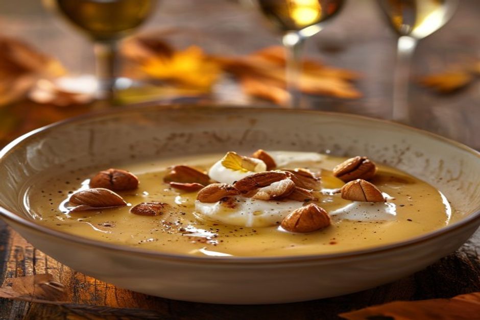 Velouté de châtaignes aux noisettes et au lard de Colonnata